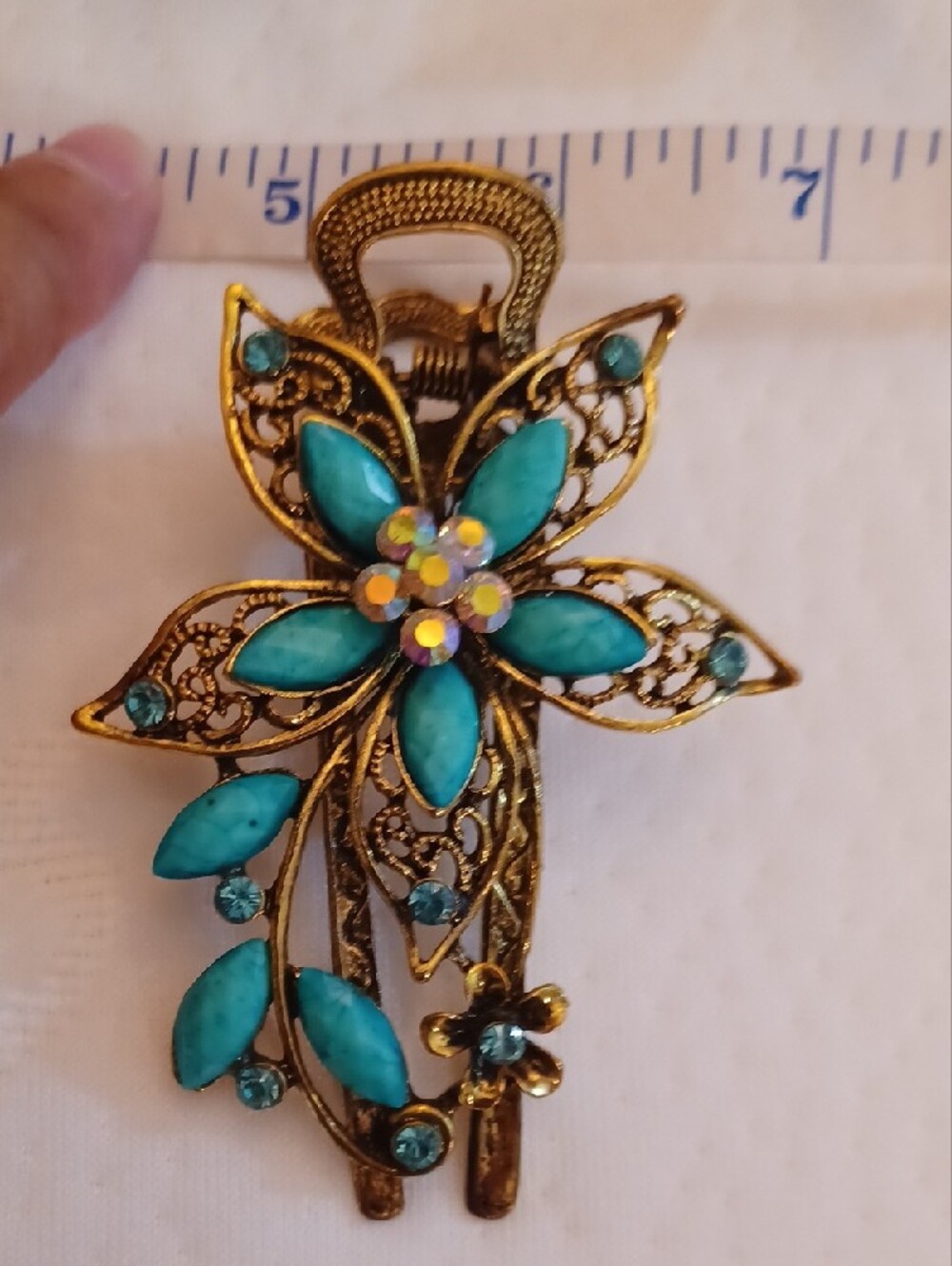 Gold-Tone Floral Hair Clip with Turquoise Stones - Picture 8 of 8